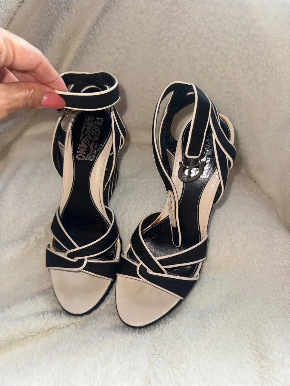 Salvatore Ferragamo Black and Cream Wedge Sandals
